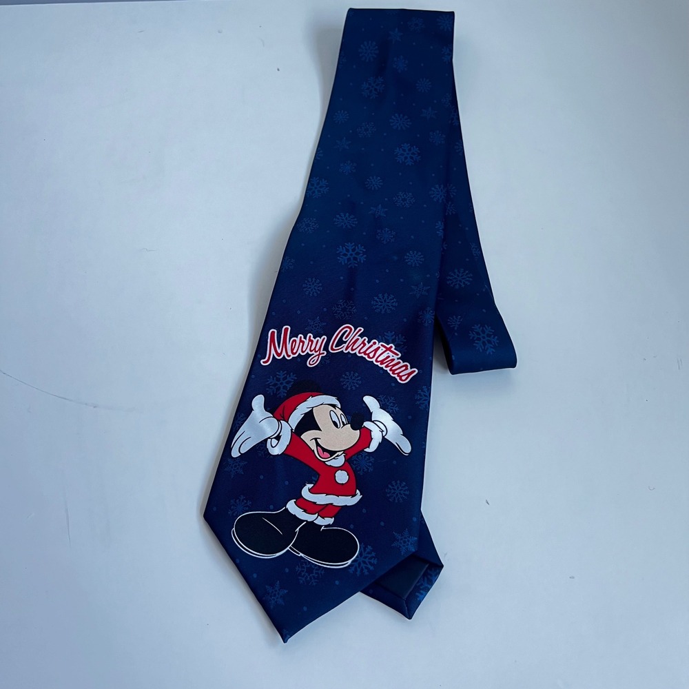 Disney Mickey Mouse Merry Christmas Navy Blue Snowflake Satin Holiday Tie New